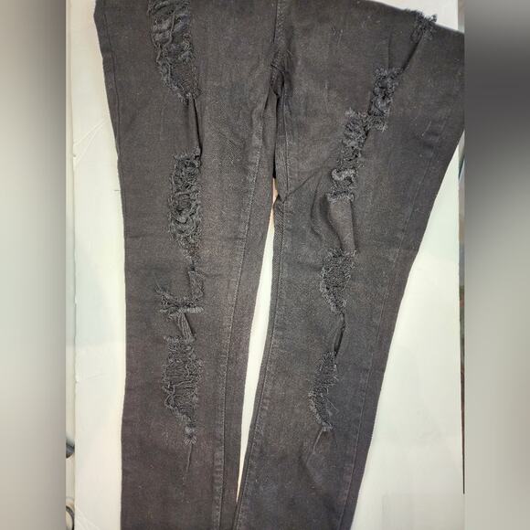 New Black High Rise Stretch Jeans Distressed Skinny Ripped Size L - Picture 2 of 8